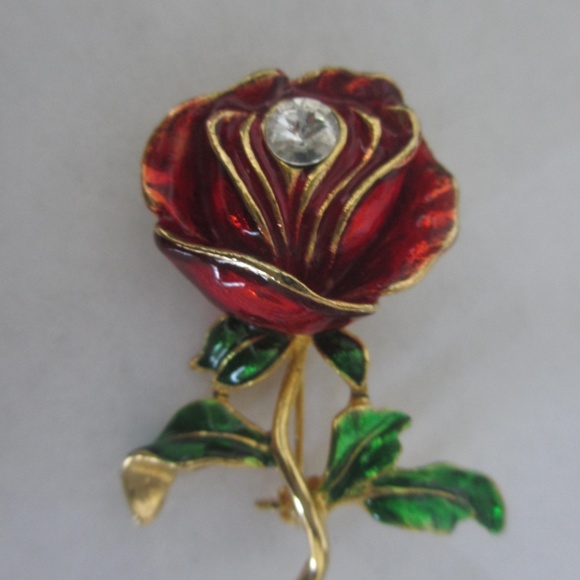 Vintage 1960-70`s brooch rose rhinestone red green - Picture 2 of 6